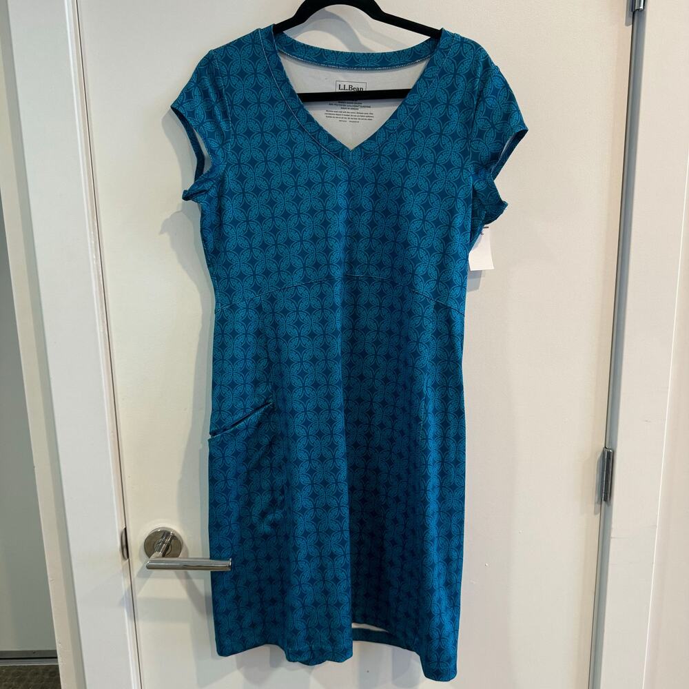LL Bean V-Neck Dress Blue Pullover Side Pocket Pullover Short Cap Sleeve Sz M